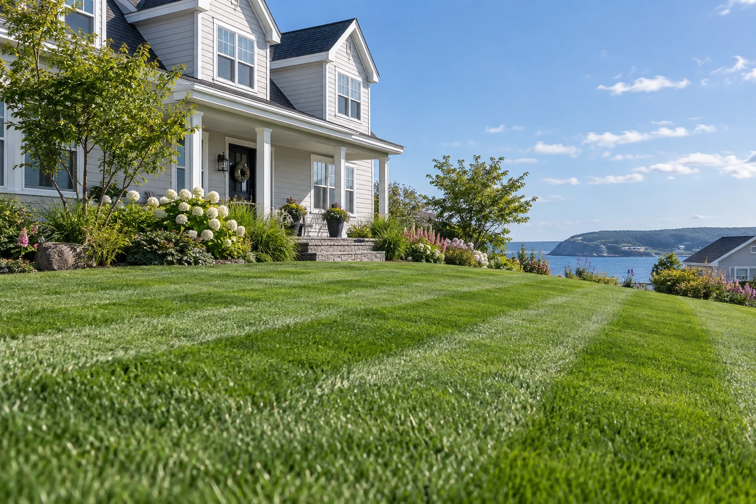 A green lawn outside a coastal home