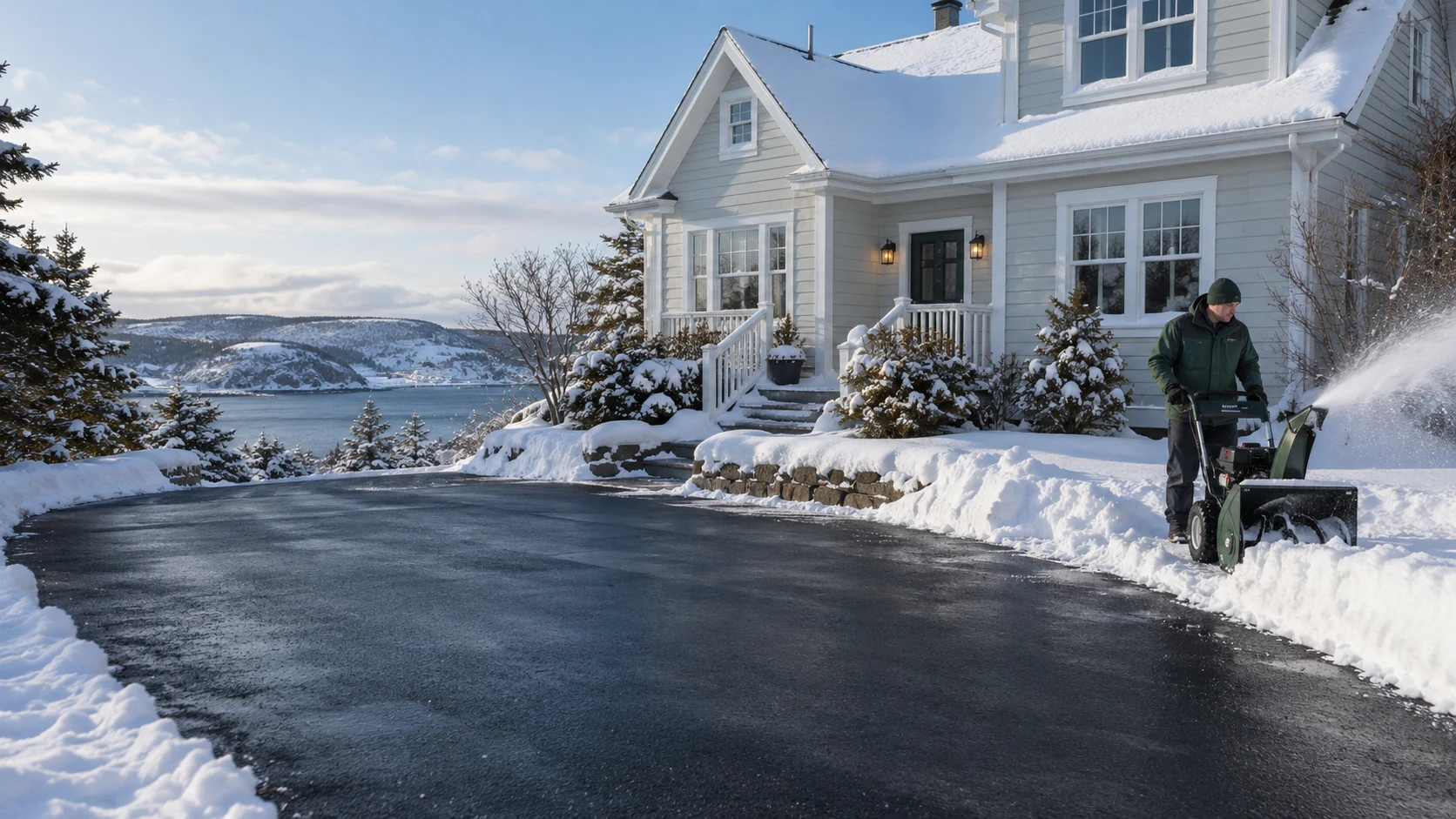 Snow surrounding a residential driveway